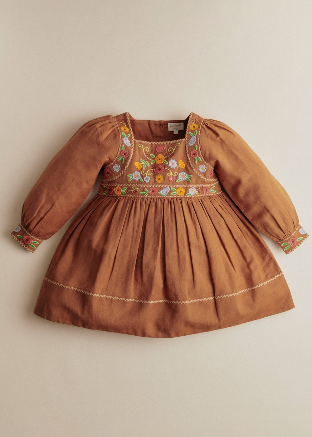 Lisha Dress - Contrasting Embroidery Brown Background