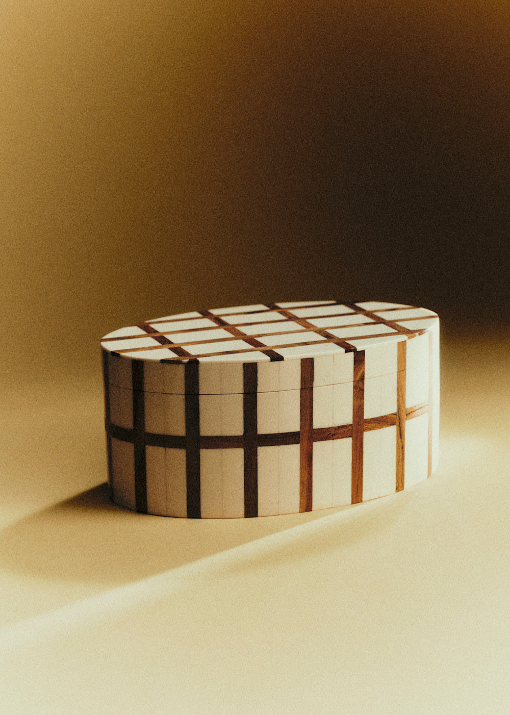Oval Box - Ecru And Acacia Grid Pattern