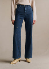 The Wide Leg Trousers - Dark Navy With Eyelet Embroidery