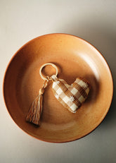 Embroidered Heart Keyring - Checkered Caramel