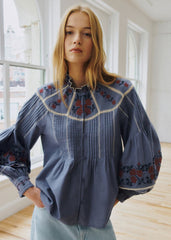 Eugenia Blouse - Sézane x SEA NY - Blue With Contrasting Brick Embroidery