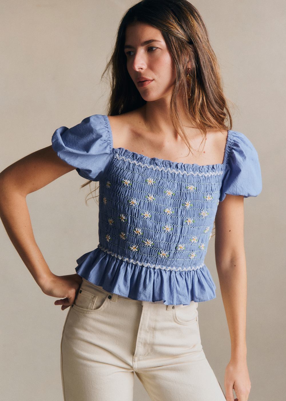 Charlyne Blouse - Blue With Ecru Floral Embroidery