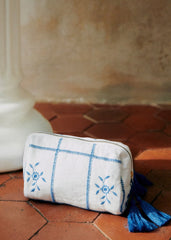 Toiletry Bag - Blue Embroidery With Ecru Background