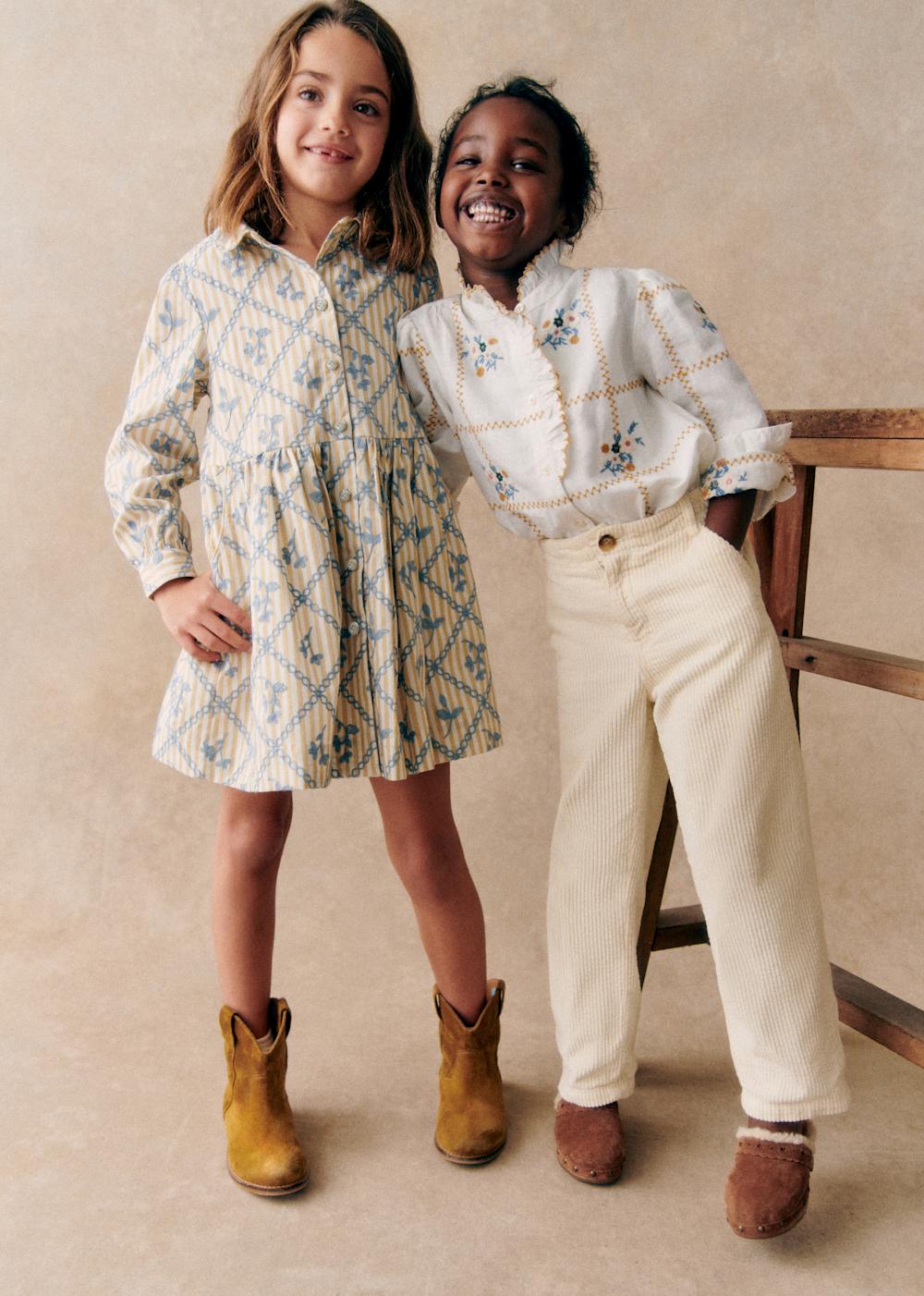 Arielle Dress - Petit Sézane x Lucia Vergara - Camel Ecru With Crosshatch Blue Details