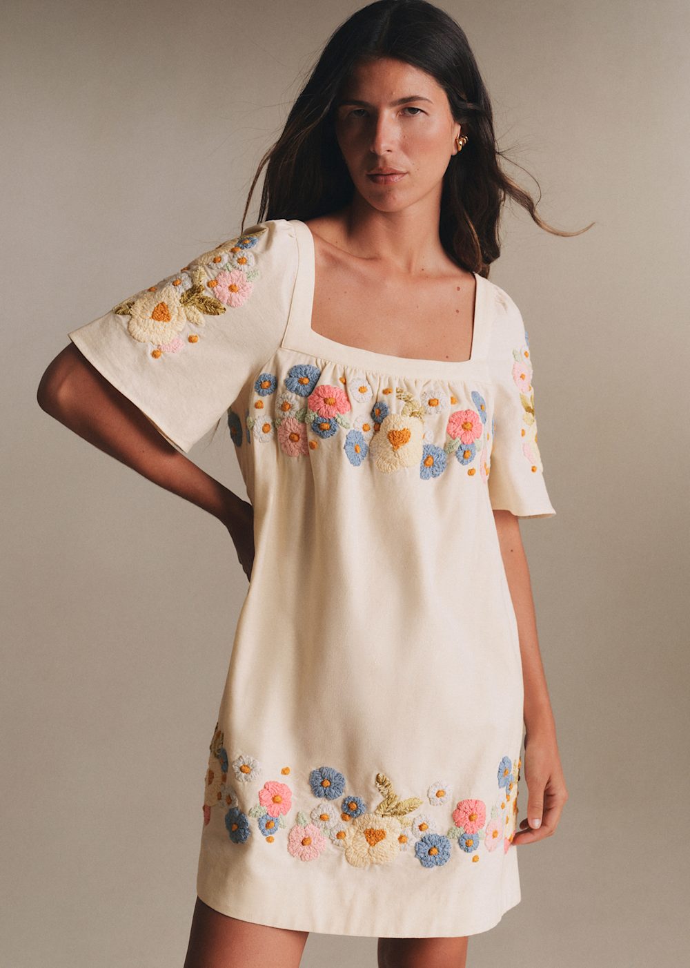 Juliana Dress - Flowering Summer Embroidery With Multicolor Ecru Background
