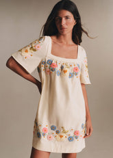 Juliana Dress - Flowering Summer Embroidery With Multicolor Ecru Background