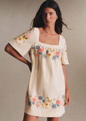 Juliana Dress - Flowering Summer Embroidery With Multicolor Ecru Background