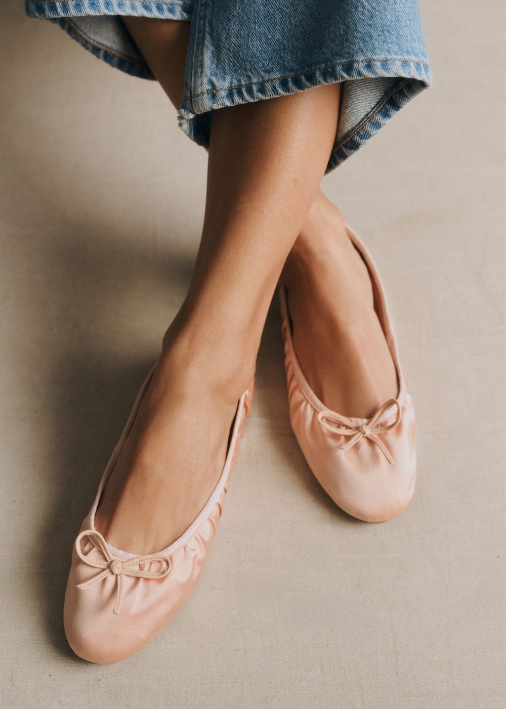 Agathe Low Ballerinas - Pale Pink Pleated Satin