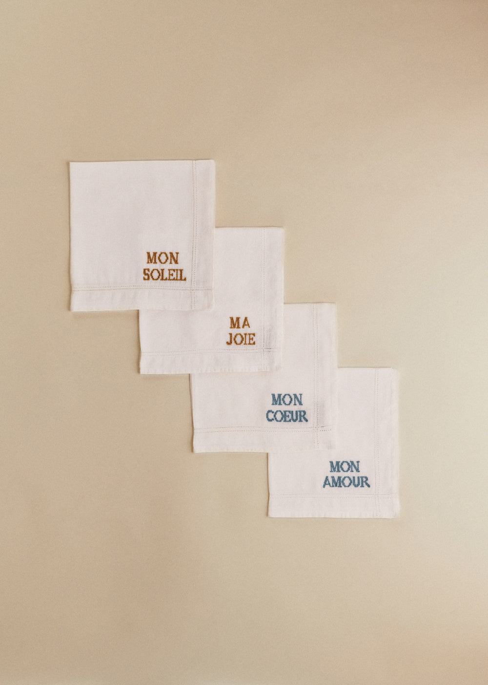 Set of 4 Towels - Words Embroidered - Ecru