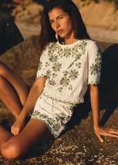 Enaline Blouse - Ecru With Green Contrasting Embroidery