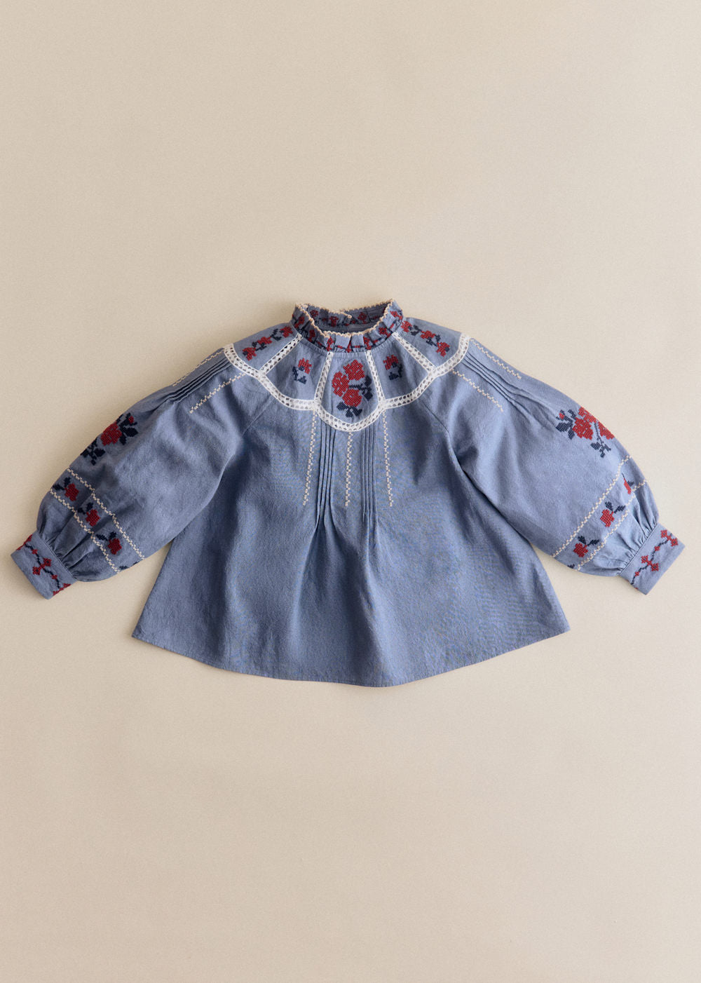 Eugenia Blouse - Sézane x SEA NY - Blue With Contrasting Brick Embroidery Solidarity Creation