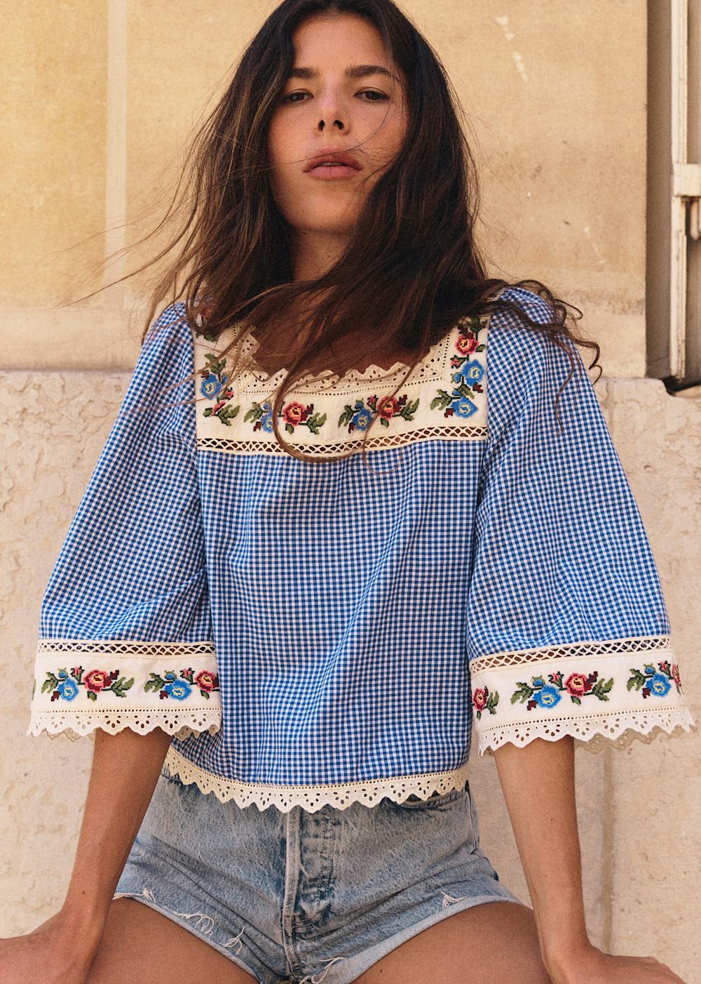 Lya Blouse - Blue Gingham Print With Botanical Embroidery Solidarity Creation