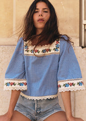 Lya Blouse - Blue Gingham Print With Botanical Embroidery Solidarity Creation