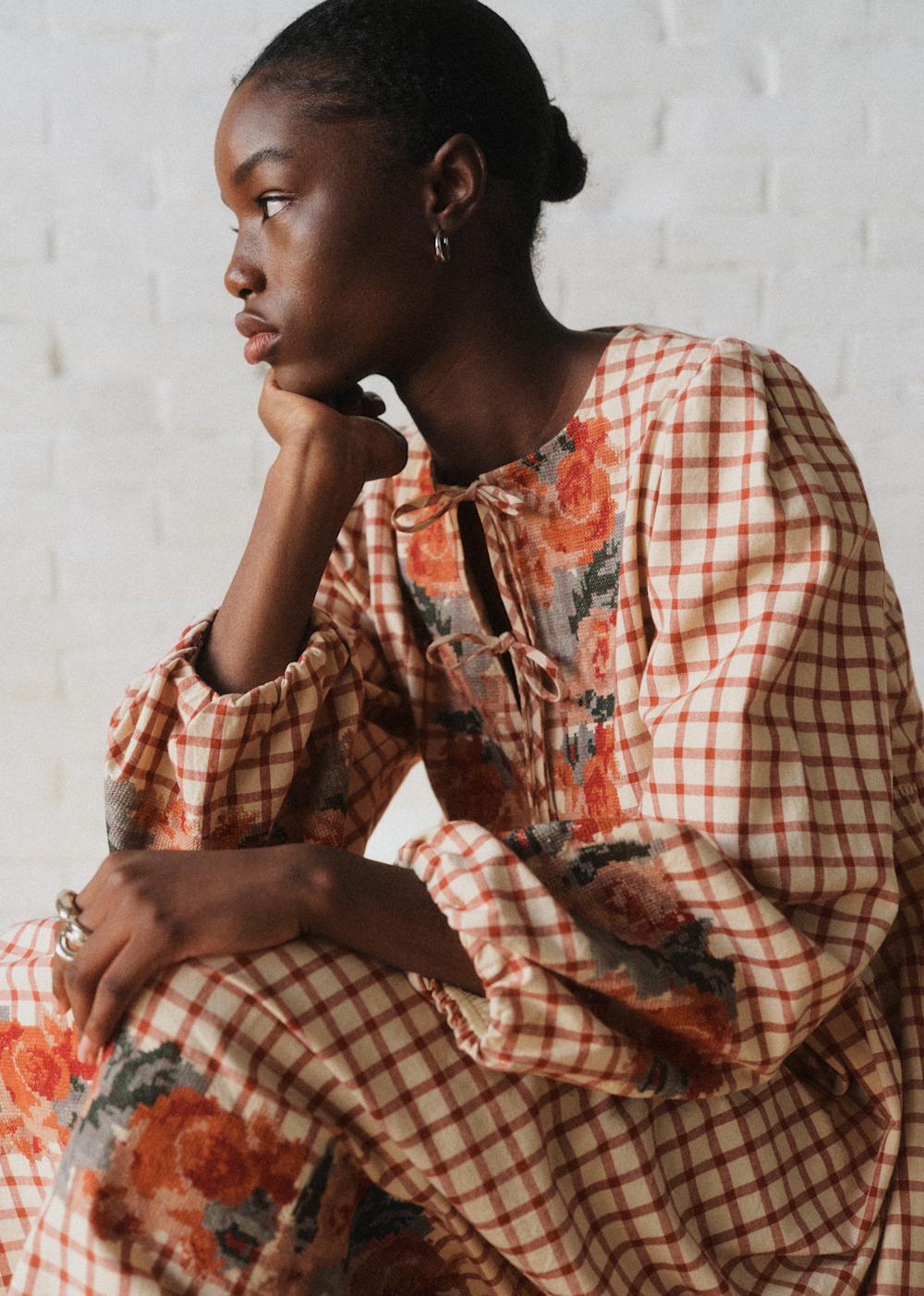 Dakila Dress - Sézane x SEA NY - Checked Print With Floral Embroidery