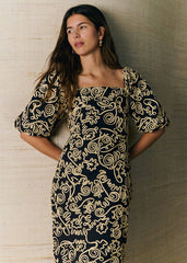 Myda Dress - Black With Cream Dori Embroidery