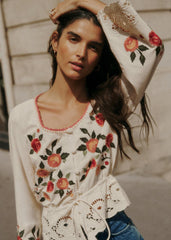 Solara Shirt - Ecru With Red And Pink Secret Garden Embroidery