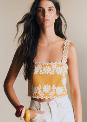 Marga Blouse - Bouquet Contrast Embroidery Ecru Ocher Background