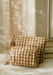 Large floral embroidered zippered pouch - Camel