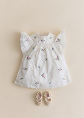 Dorrie Dress - Placed Multicolored Flowers Embroidery On Cream