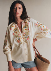 Roma Blouse - Flowering Summer Embroidery With Multicolor Ecru Background