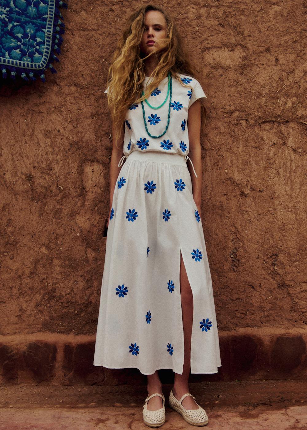 Arianna Skirt - Ecru With Contrasting Columbine Blue Embroidery