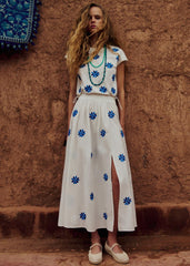 Arianna Skirt - Ecru With Contrasting Columbine Blue Embroidery
