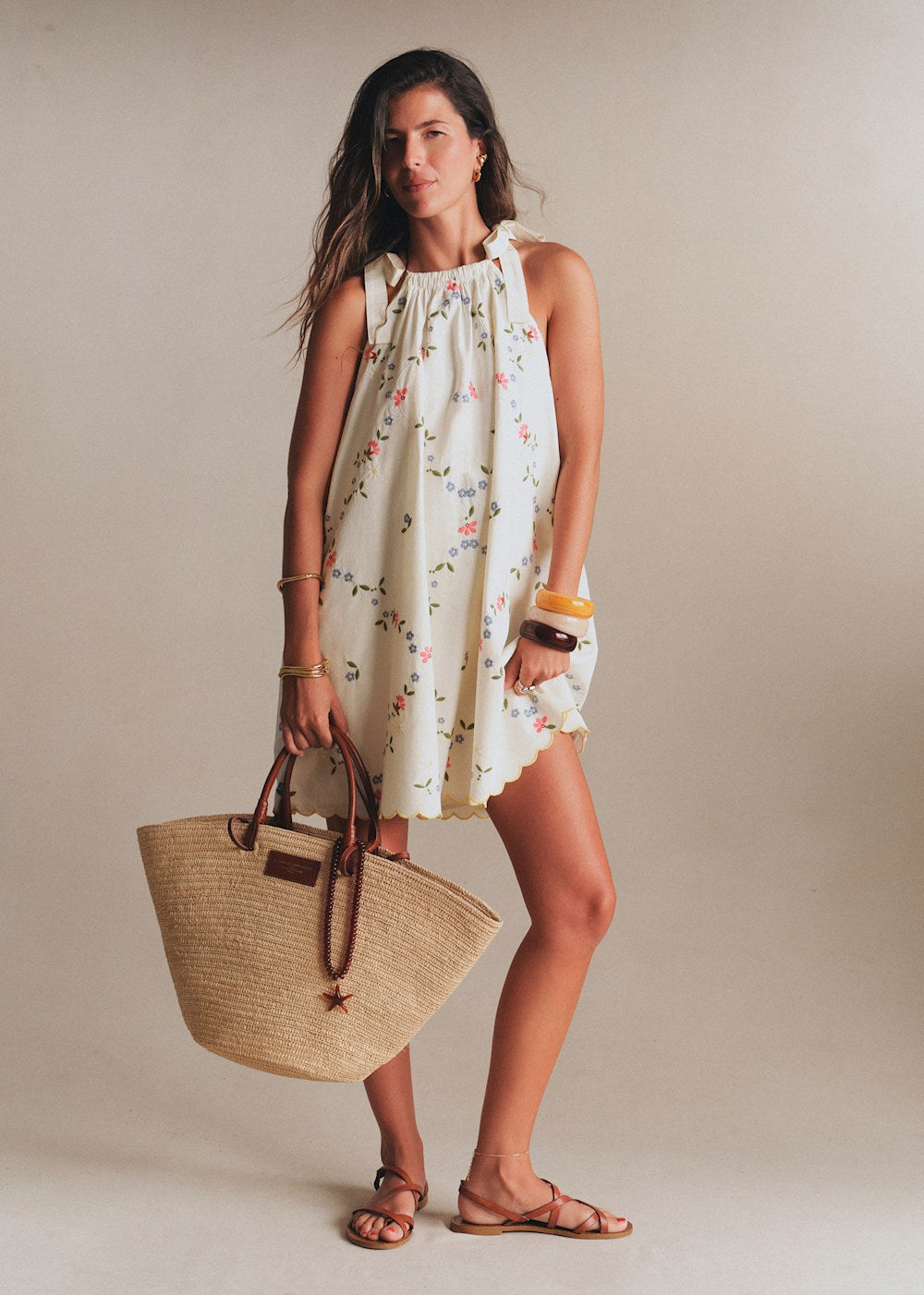 Sarissa Dress - Ecru With Pink And Blue Botanical Embroidery