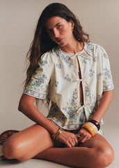 Thays Shirt - Ecru With Blue Morning Dew Embroidery