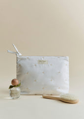 Zippered Toiletry Bag - White Beige Heart Embroidery