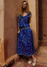 Siloé Skirt - Azure Blue With Constrasting Ecru Embroidery