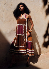 Jackson Dress - Brown Camel Burgundy Patchwork