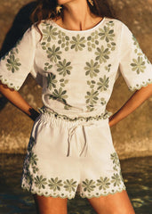 Math Shorts - Ecru With Green Contrasting Embroidery