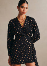 ALICE Dress - Beige Polka Dots Black Background Print