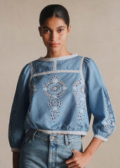 Enea Blouse - Ecru Contrasting Embroidery Chambray Background