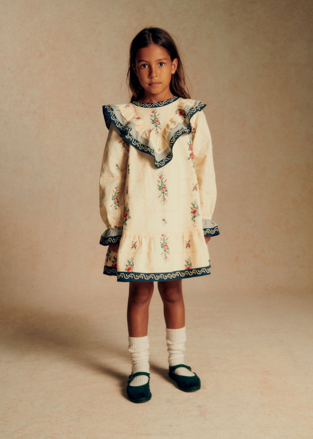 Francyna Dress - Petit Sézane x Baziszt - Ecru With Blue Trimming And Floral Embroidery
