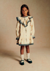 Francyna Dress - Petit Sézane x Baziszt - Ecru With Blue Trimming And Floral Embroidery