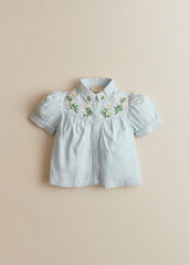 Augusta Shirt - Daisy Contrast Embroidery Sky Blue Background
