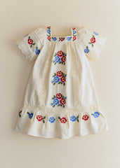 Liara Dress - Multicolor Flower Placement Embroidery Ecru Background
