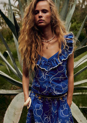 Dita Top - Azure Blue With Constrasting Ecru Embroidery