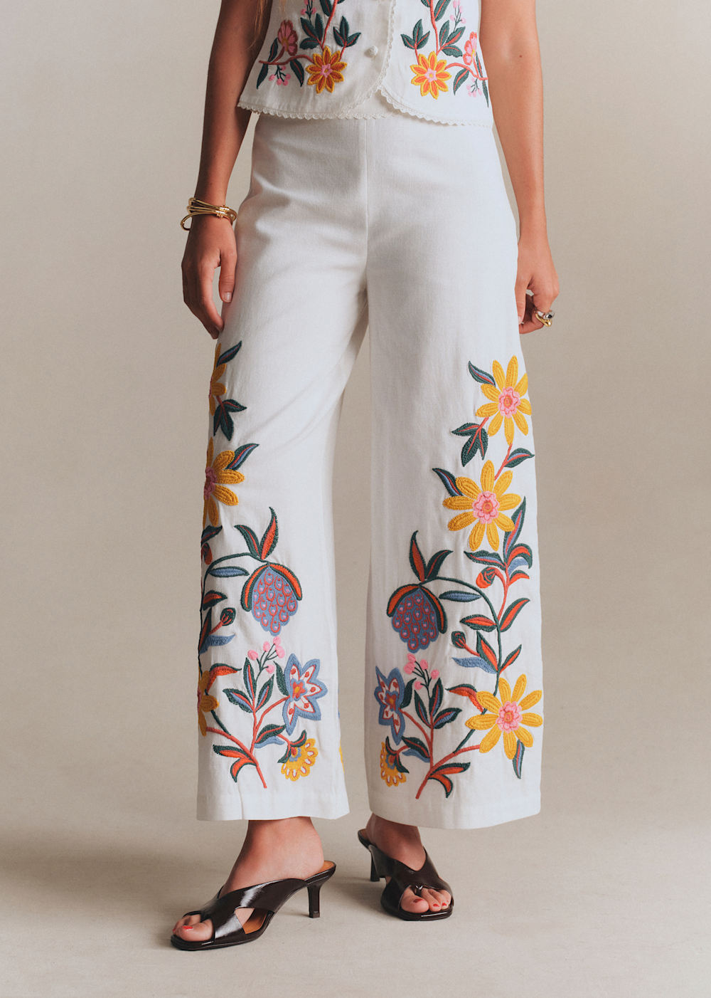 Cosimo Pant - Bouquet Embroidery With Multicolor Ecru Background