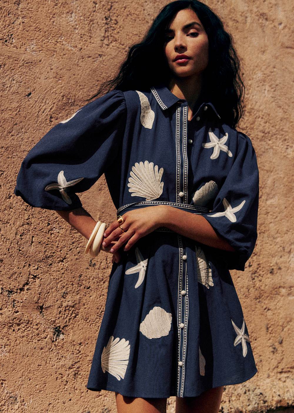 Maryvonne Dress - Sézane x Inoui Editions - Blue With White Shell Embroidery