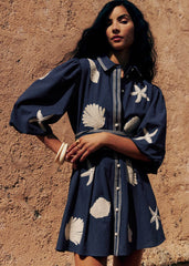 Maryvonne Dress - Sézane x Inoui Editions - Blue With White Shell Embroidery