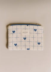 Flat Pouch - Vintage Blue Hearts Embroidery