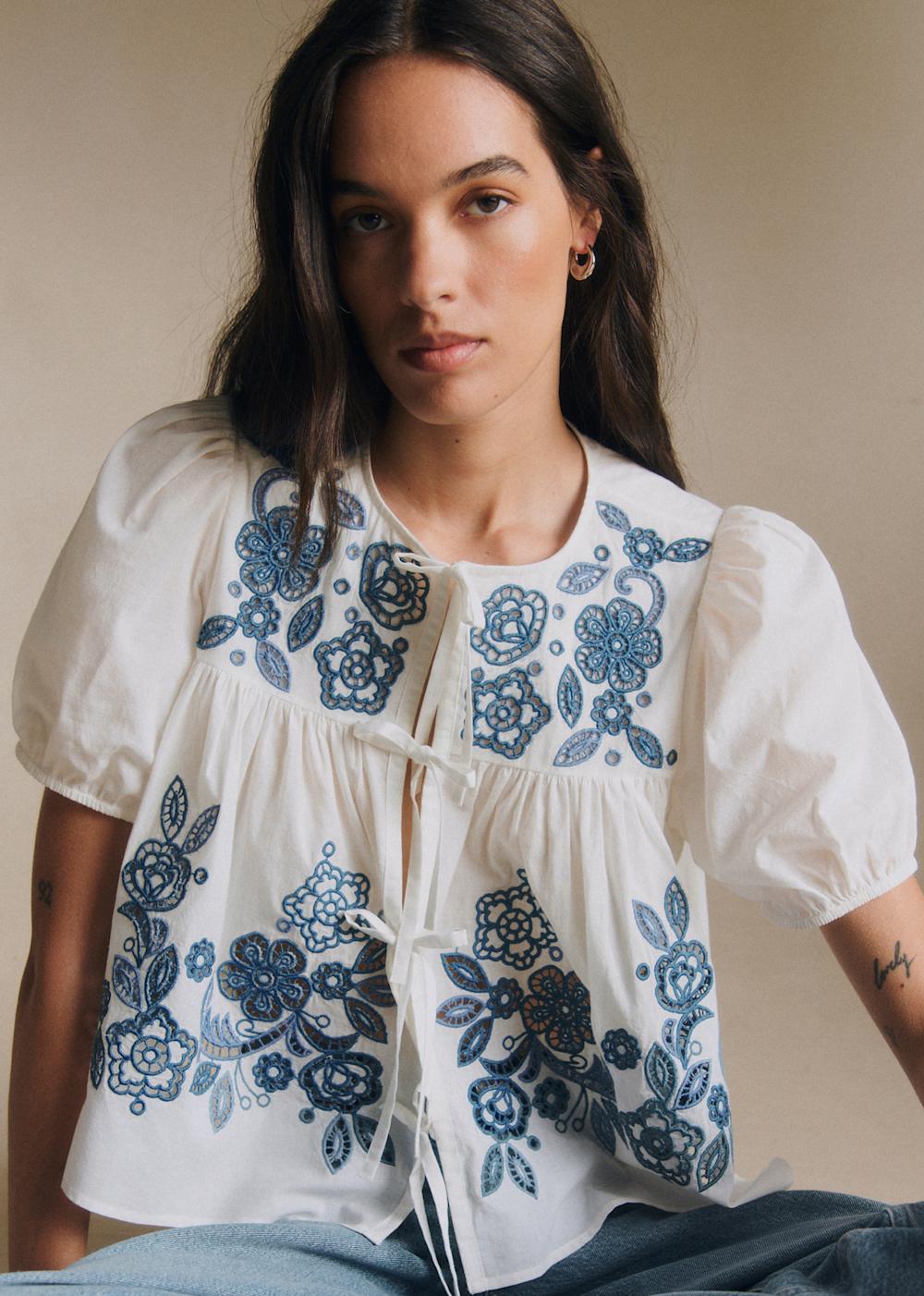 Alixia Shirt - Ecru With Blue Ochre Placed Embroidery
