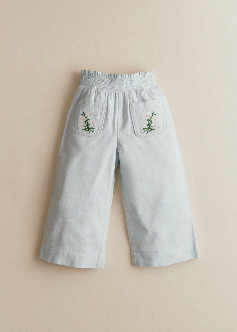 Solane Pants - Daisy Contrast Embroidery Sky Blue Background