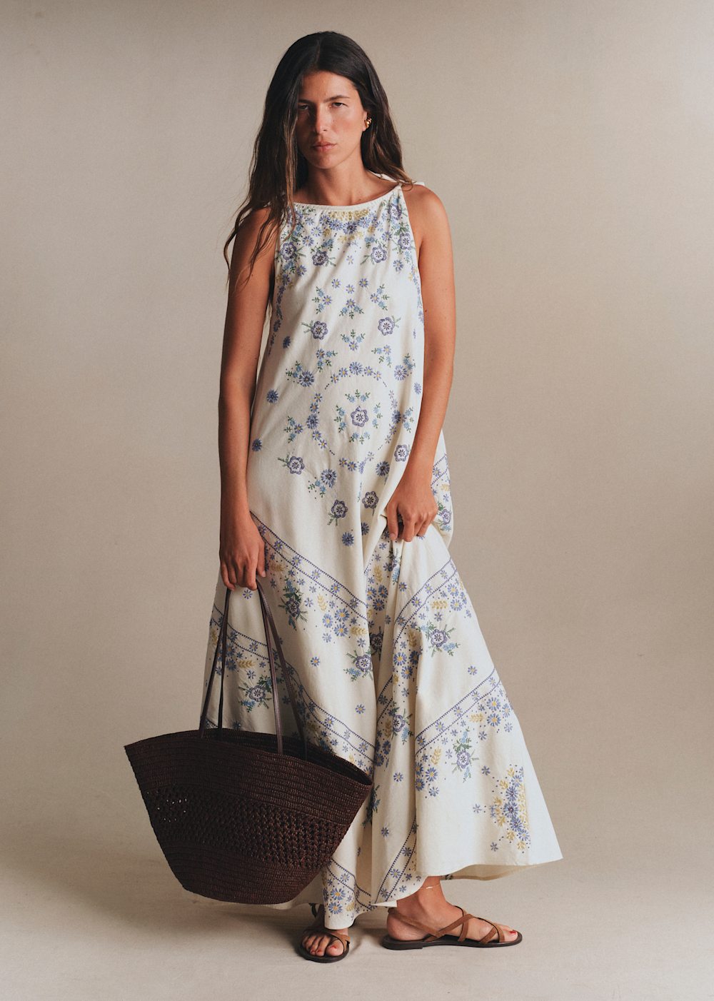 Ysara Dress - Morning Dew Embroidery With Blue Ecru Background