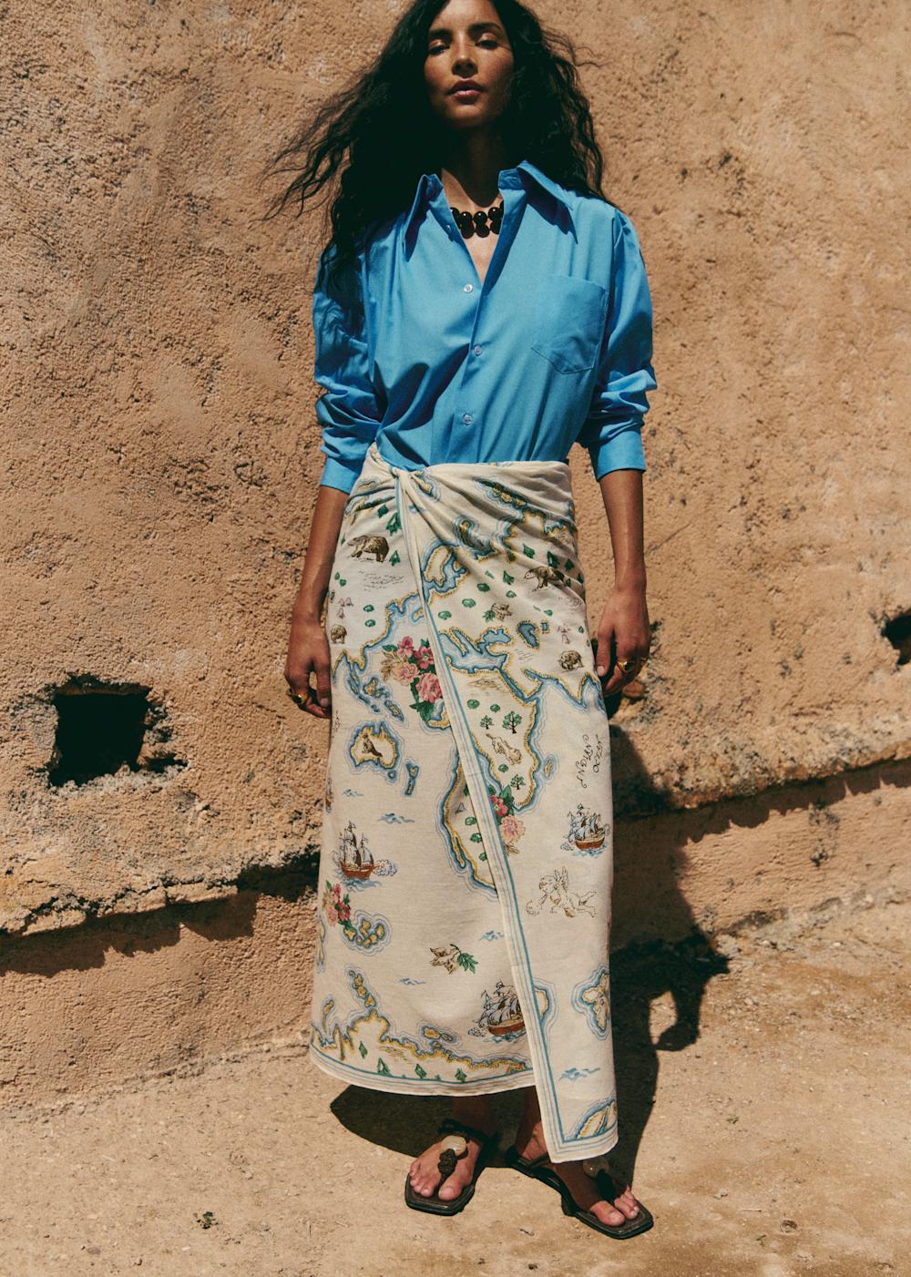 Payton Wrap Skirt - Sézane x Inoui Editions - World Maps Print