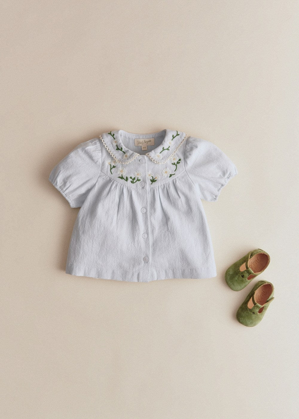 Bertille Shirt - Daisy Contrast Embroidery Sky Blue Background