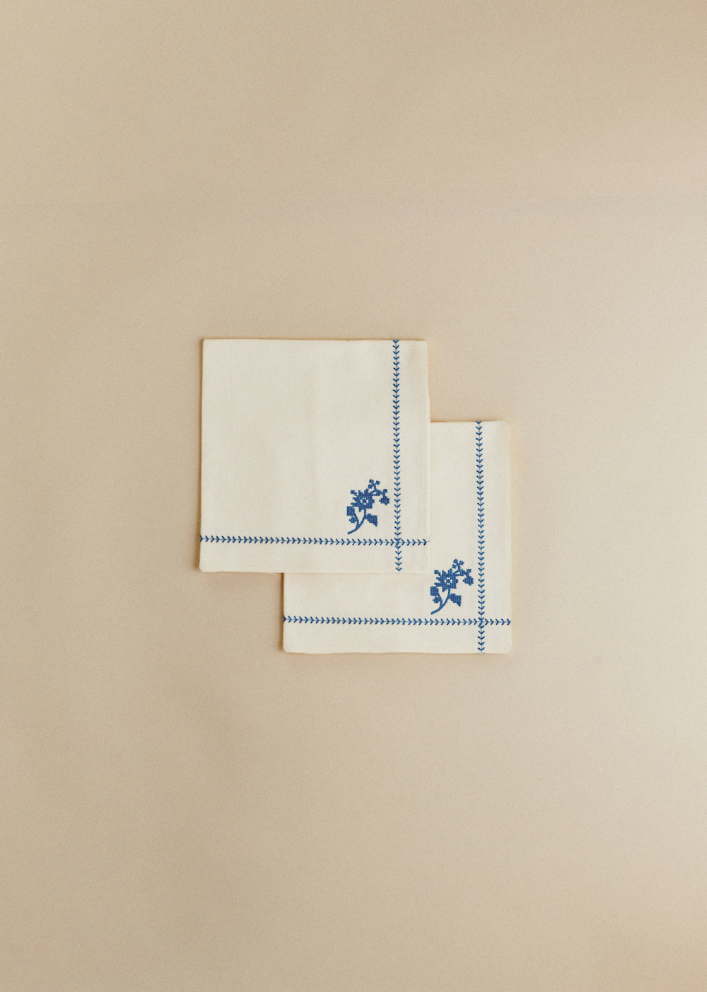 Set of 2 embroidered napkins - Ecru With Blue Embroidery