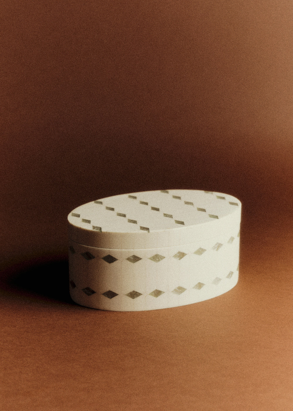 Oval Box - Ecru And Green Diamond Pattern